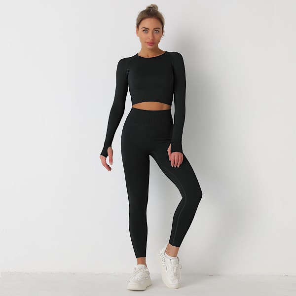 Eurooppalainen ja amerikkalainen neulottu yksivärinen saumaton pitkähihainen housupuku joogaan, urheiluun ja kuntoiluun, kaksiosainen setti 6095 long sleeve trousers suit-Black M