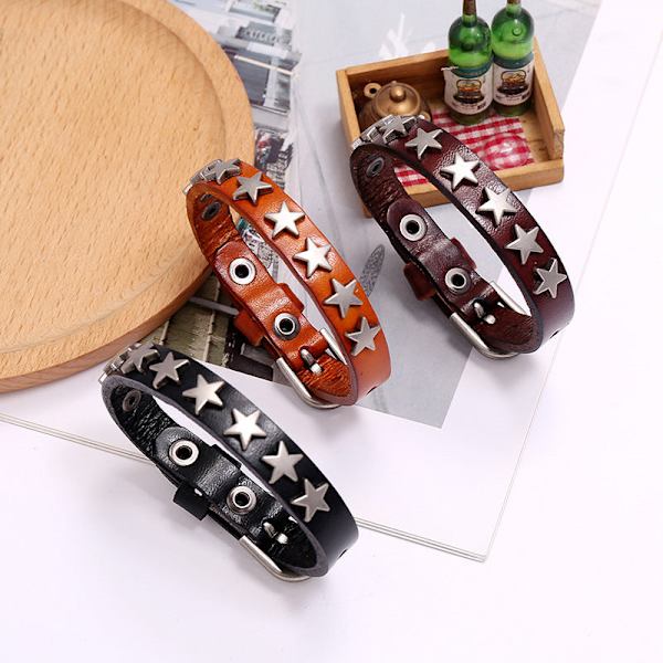 Retro Ornament Ny Femuddig Stjärna Nötskinn Armband Bar Hip Hop Accessoarer Dark brown