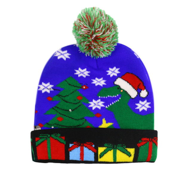 Joulukuusi-laippa pallolla neulottu hattu LED-värikkäillä häikäisevillä valoilla koristeltu lakki Blue Christmas tree Adjustable 56-60cm