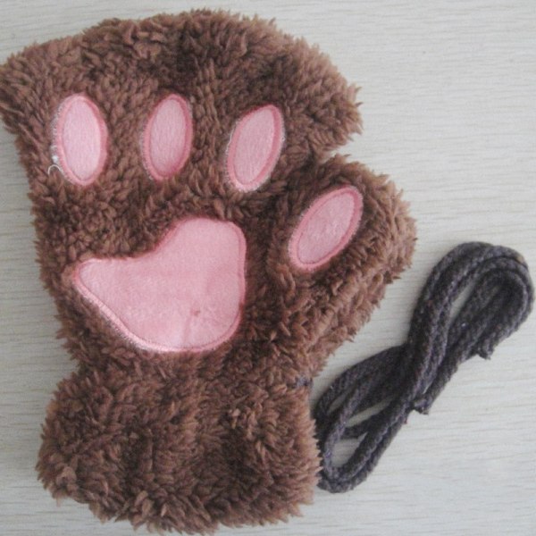 Mjuk Varm Plysch Cat Paw Handskar Fingerless Flip Half Finger Vantar Dam Vinter Söt Cat Paw Fluffig sammetshandske Flickor Studenter Light  coffee One Size