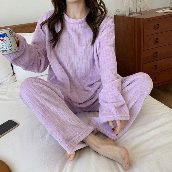 Vintervarma Flanell Dam Pyjamas Set Plysch Sammet Långärmad Sovkläder Nattkläder Korall Fleece Flickor Hemmakläder Purple
