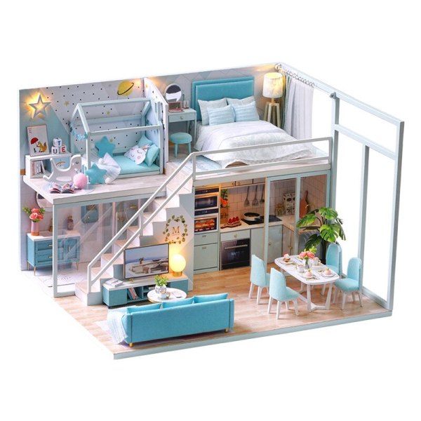 Cutebee DIY DollHouse Kit Trädockahus Miniatyrdockhus Möbelsats med LED-leksaker för barn Födelsedagspresent L32 L22A