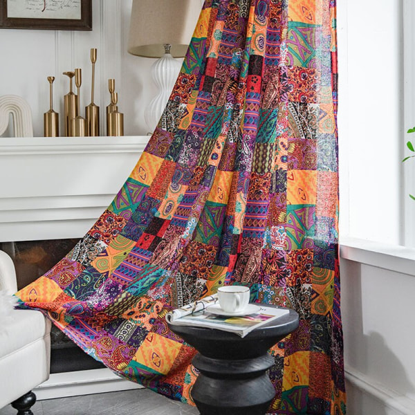 Bohemisk Retro Gardin Etnisk stil Bomull Linne Tunna fönster Dekorativa Boho Printing Gardin Sovrum Färdiga Gardiner Hook W140CMxH180CM 1PC