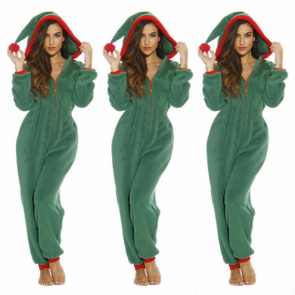 Dam Underkläder Jul Pyjamas Hooded Vinter Varm Loungewear Tomte Sovkläder Nattkläder Jumpsuit Pyjamas Green XL