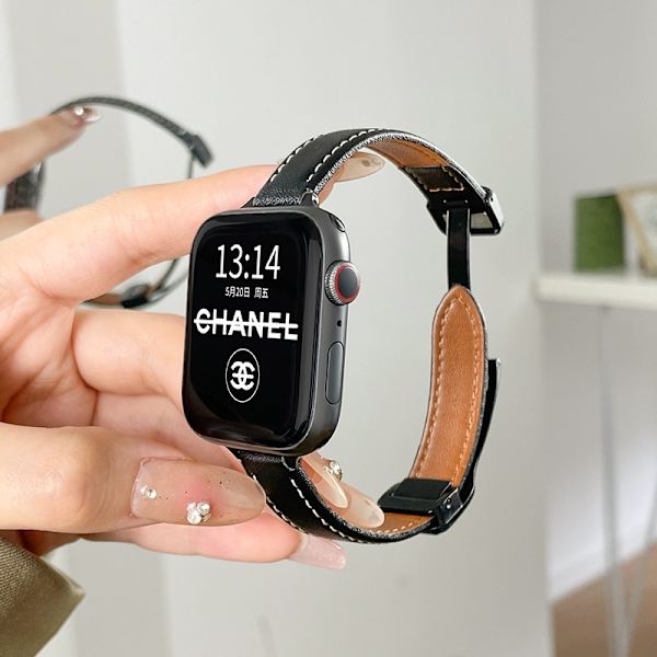 Urrem til Apple Watch iWatch til 10 42mm urrem læder foldende magnetisk spænde - sort