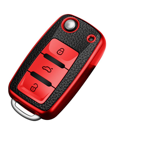 Läder Bilnyckelfodral Fullt Skydd Skalväska för Polo Tiguan Passat Golf Jetta Lavida Skoda Octavia Red