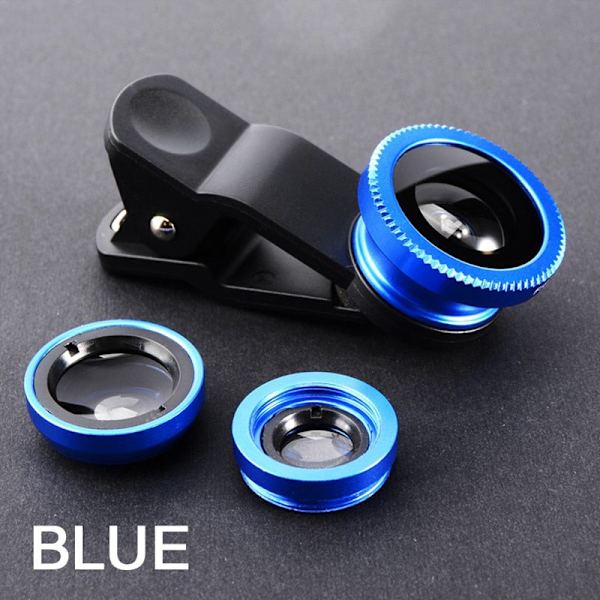 3-i-1 Fisheye Vidvinkel Mikro Kameralinse til iPhone Xiaomi Redmi 3-I-1 Zoom Fiskeøje Linse på Smartphone Linser med Telefonklips Blue