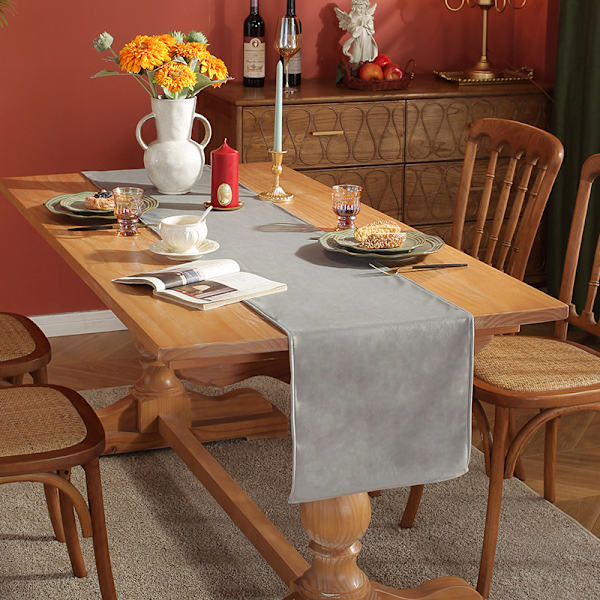 Velour Bordløber Enkel Ensfarvet Bordløber Bryllupsfest Spisebordsdekorationer Lang Duge Light gray 33*220cm