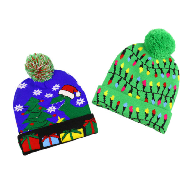 Julgransfläns med bollstickad mössa med LED färgglatt bländande ljus dekorativ mössa Green Light Adjustable 56-60cm