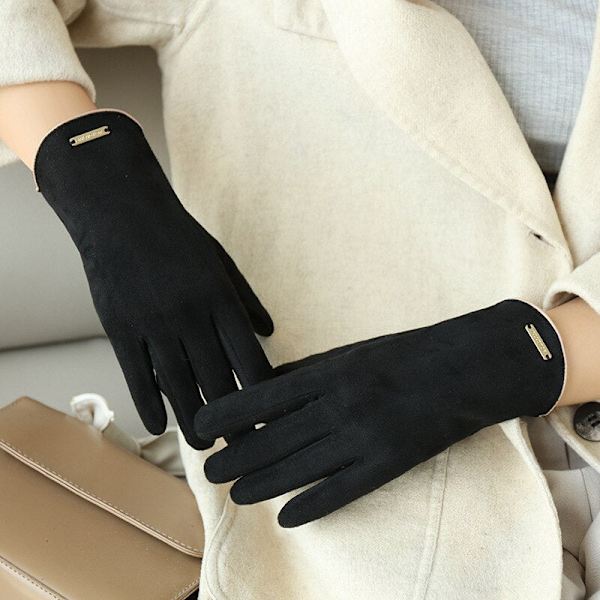 Nye høst- og vinterhansker i semsket skinn for kvinner, holder varmen, tynt fleecefôr, ikke oppblåst, lekkende fingre, clamshell, sykling, mote, elegante hansker army green One Size