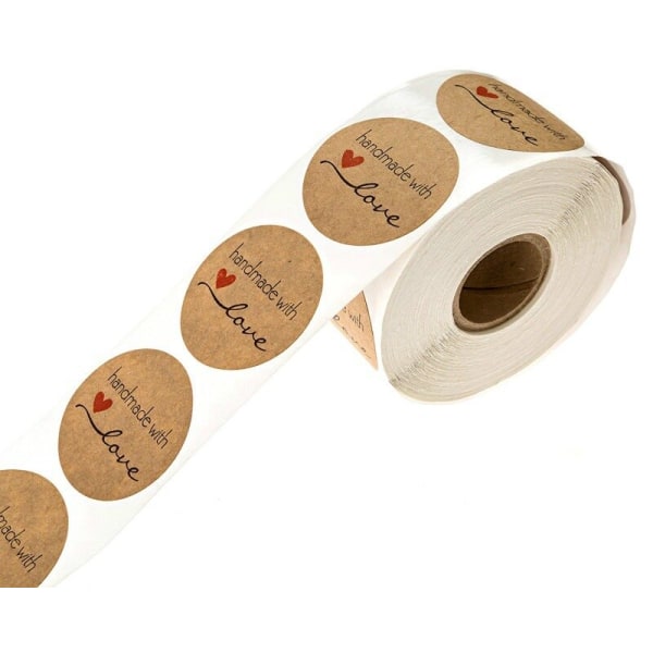 500 ST Runda etiketter Handgjorda Kraftpappersförpackningsdekal för Candy Dragee Bag Presentask förpackningspåse Bröllop Tack klistermärken Kraft Handmade roll