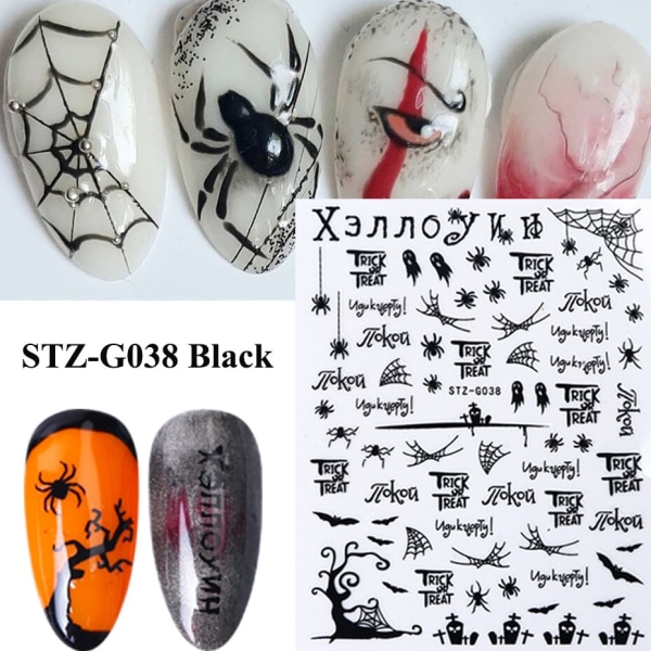 1 st Spindelvävs Nagelstickers 3D Spöke Dödskalle Pumpa Transfer Folie Transfer DIY Manikyr Slider Nagelkonst Dekoration TRSTZG032-040 STZG039 Black