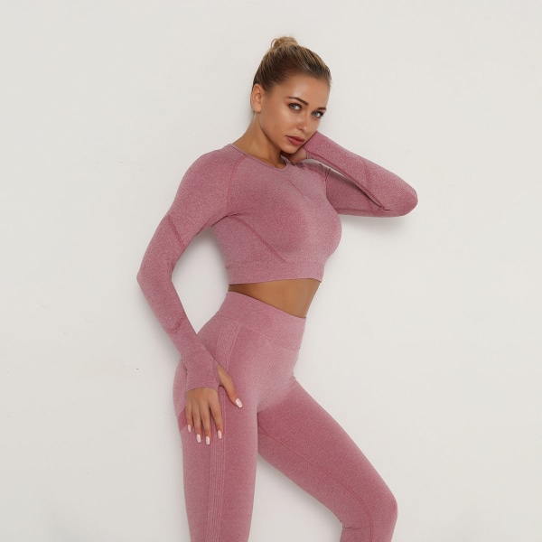 Europeiska och amerikanska sömlösa Yogakläder Långärmad Hög elastisk veckad Snabbtorkande Långärmad Fitness Yoga Wear Topp 6205 Long Sleeve-light purple S