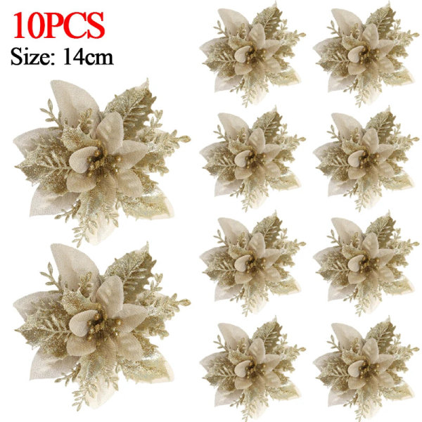5/10 st 14cm Glitter Julstjärna Jul Konstgjorda Blommor med Klämmor DIY Julgransprydnader Krans Öppen Spis Dekorationer Gold (10pcs)