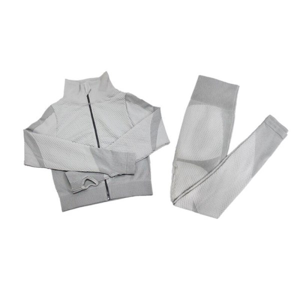 Yoga Set Långärmad Tröja+Sport-BH+Sömlösa Leggings Träningskläder Löparkläder Gymkläder 2pcs Gray L