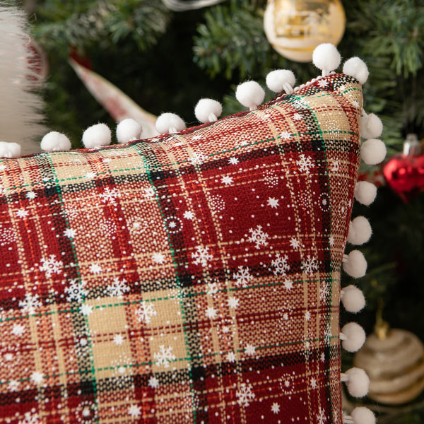 Juledug i bomuld og hør med dekorativ pelskvast-dækkeserviet til vestlig mad, snefnugdug Red Snowflake Ball Plaid 140*260cm