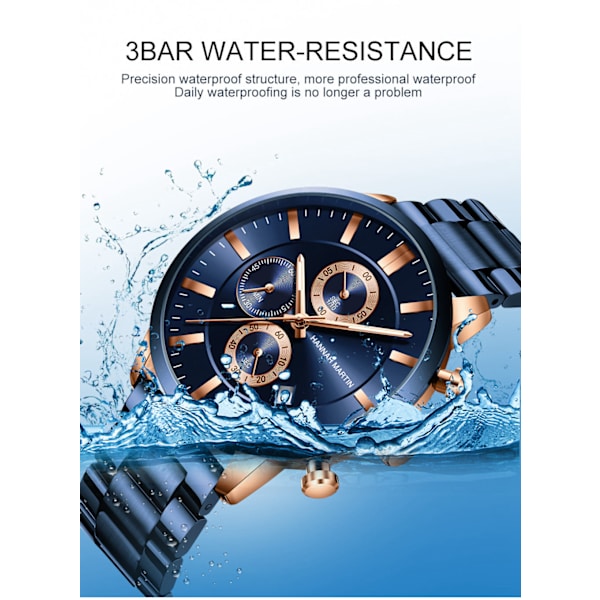 Multifunktionell Kalender Vattentät Klocka Mode Blå Business Casual Fin Stålklocka 1202FL rose gold nail blue chain