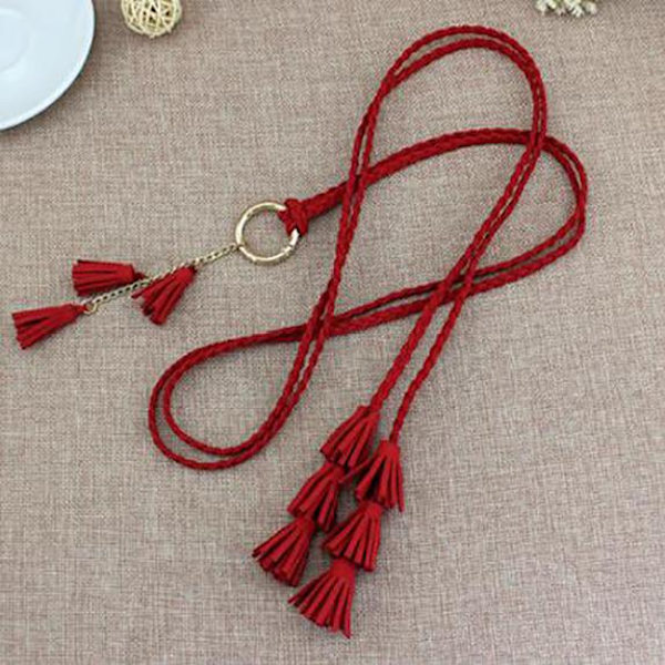 Fashionable kvinder ensfarvet flettet kvastbælte Boho piger tynde taljereb strikkede bælter til kjole taljebånd tilbehør Red One Size