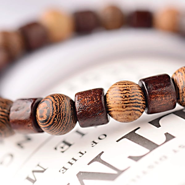 8mm Naturligt Rund Cylinder Träpärlor Armband Män Klassiskt Elastiskt Buddhistiskt Böne Buddha Armband Hommes ABJ003-4