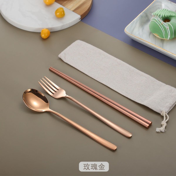 Rustfrit stål koreansk-stil ske gaffel spisepinde titanium-belagt service studerende bærbar tre-delt spisepinde ske gaffel Gold three-piece set