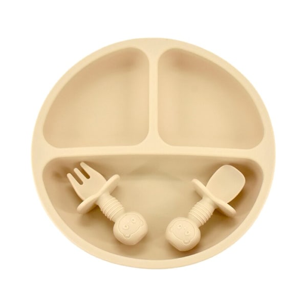 Baby Silikon Matset Solid Söt Leende Tecknad Barn Servis Småbarn Träning Porslin Barn Matningsskålar BPA FRI Beige9