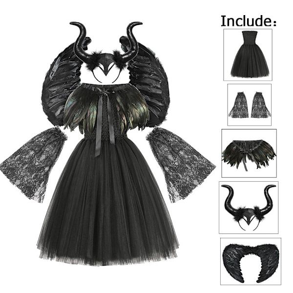 Halloweenklänningar för flickor Maleficent Häxa Cosplay Flickdräkt Barn Prinsessklänning Karneval Party Ond Drottning Flickor Tutu Klänning 2-3Y Maleficent set E