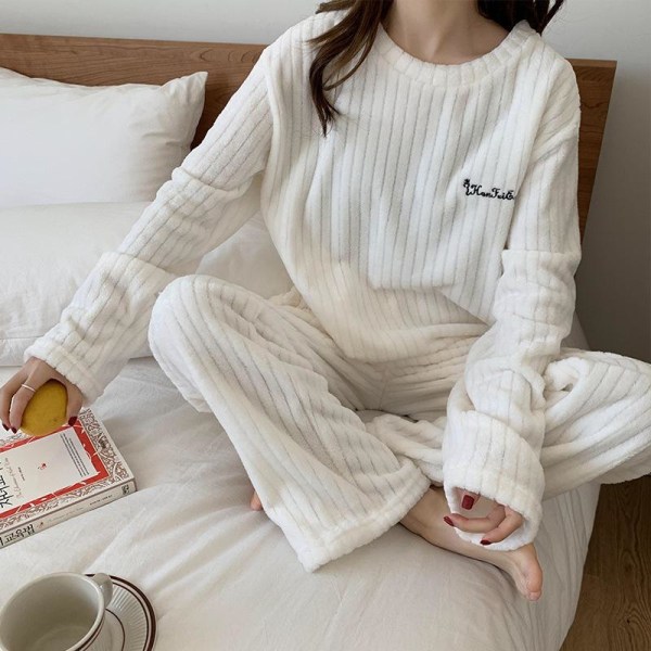 Höst Vinter Dam Koreansk Mode Temperament Korall Fleece Varma Pyjamas Set Tjock Plus Sammet Söt Bekväm Andningsbar Casual Hemmakläder White One Size