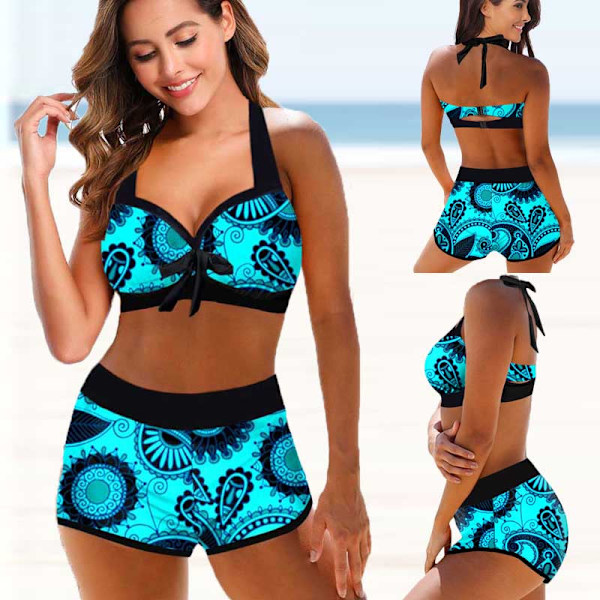 Badkläder Hög Midja Bikini Sexig Baddräkt Kvinnor Sommar Baddräkt Bikini Set Plus Size Kvinnor Strand Baddräkt Blue XS