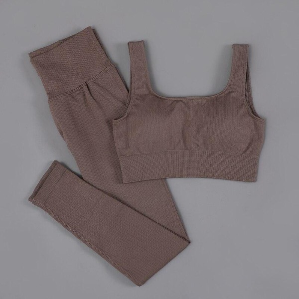 Yoga Set Träningskläder För Kvinnor Fitness Kläder Långärmad Yoga Dräkt BraPants Brown M
