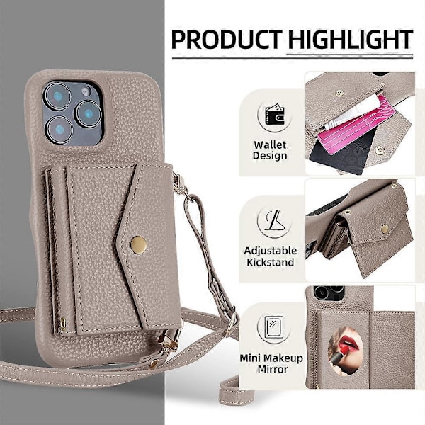 Telefonfodral med horisontell kortficka i litchi-textur med lång snodd Grey For iPhone 13 Pro Max