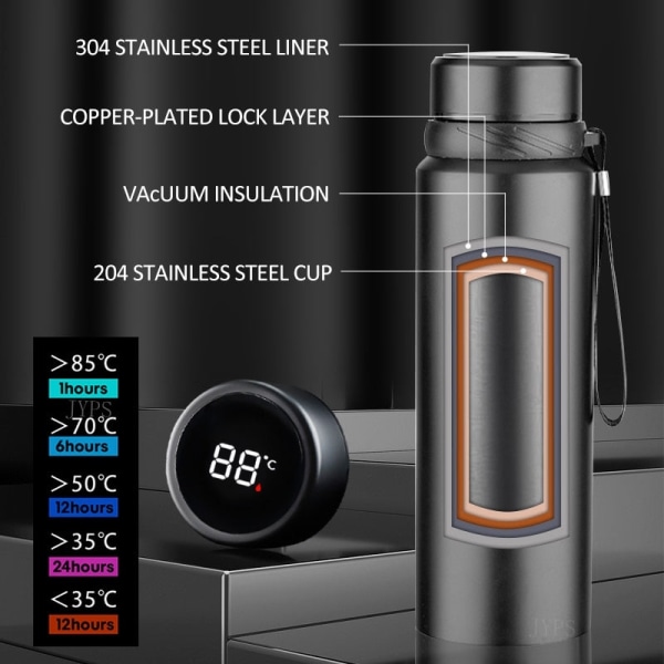 1000 ml smart termosflaska håller kall och varm flaska temperaturdisplay Intelligent termos för vatten Te Kaffe vakuumflaskor 1000ml 1000ML Black