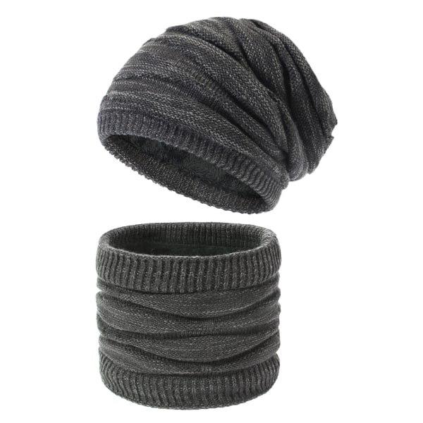 Damstickad mössa Vinterfleecefodrad halsduk och mössa kostym Diamantstickad ullmössa Scarf Tvådelat set män Black and dark gray