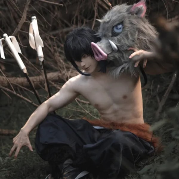 Anime Inosuke Cosplay -asu Demon Slayer Kimetsu No Yaiba Hashibira Inosuke Cosplay -housut Halloween-asu Sianpäänaamio style1 L