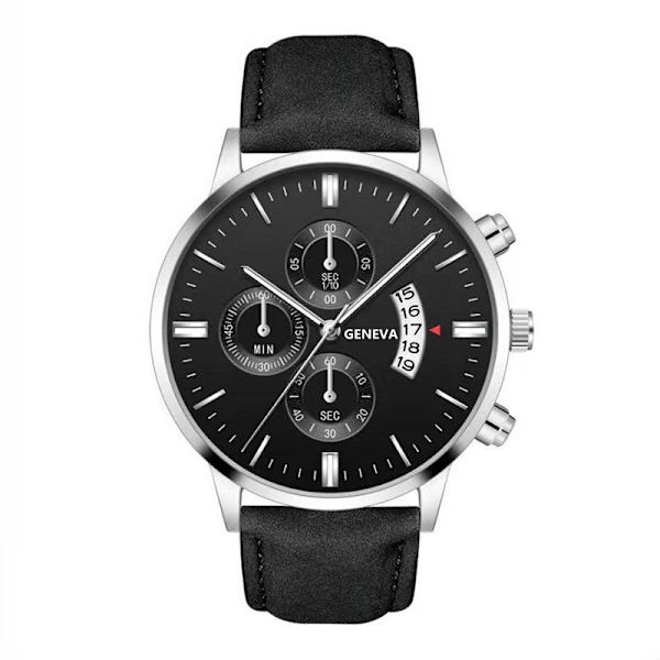 Klocka med läderarmband, kvartsur, modekalender, herrklocka, affärsklocka för män White Shell black with black surface