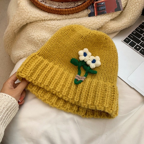 Söta Blommor Ullmössa Dam Höst och Vinter Koreansk Stil Litet Ansikte Stickad Hatt Japansk Stil Stor Huvudomkrets Varm Allmatchande Hatt Blue M(56-58cm)