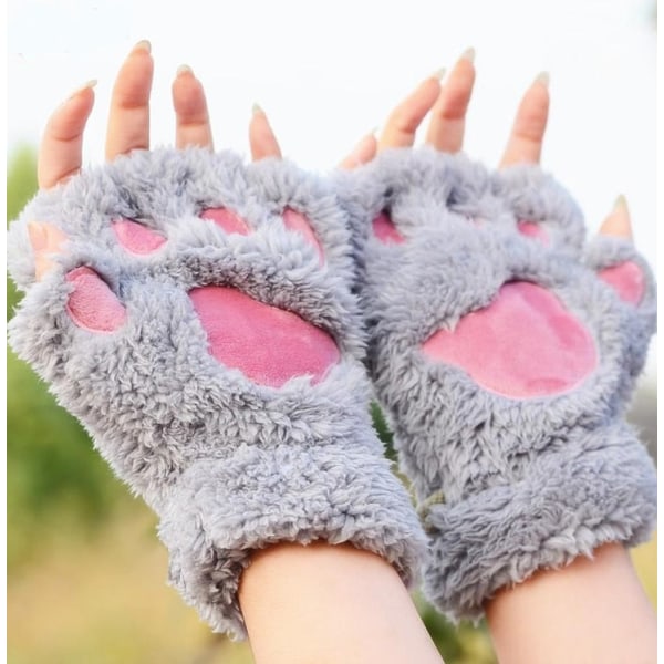 Mjuk Varm Plysch Cat Paw Handskar Fingerless Flip Half Finger Vantar Dam Vinter Söt Cat Paw Fluffig sammetshandske Flickor Studenter Khaki One Size