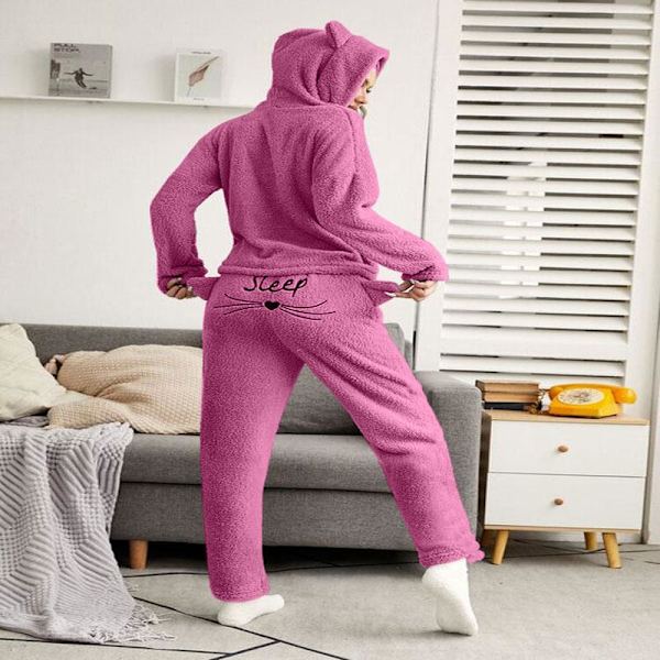 Yöpaidat Yksivärinen Lämmin Pyjamasetti Pitkähihaiset Topit+ Housut Kaksiosainen Söpö Kissan Kuva Hupullinen Nukkumapyjama Huppari Khaki XXL