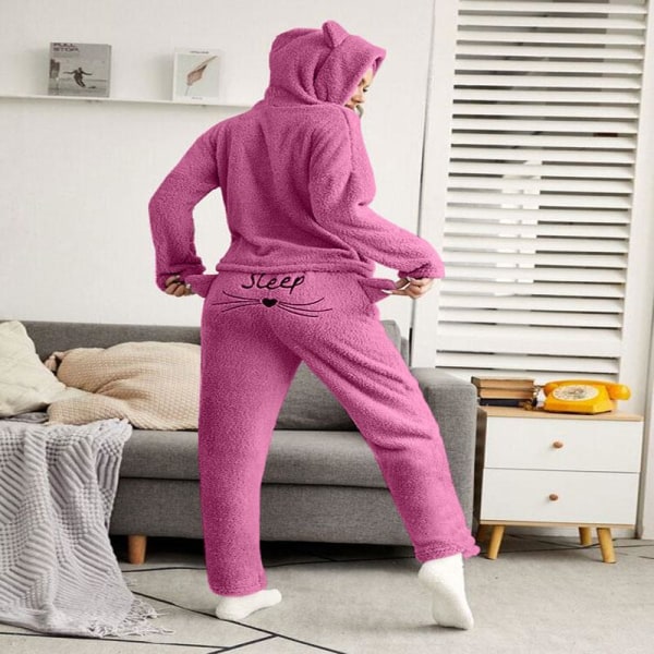 Yöpaidat Yksivärinen Lämmin Pyjamasetti Pitkähihaiset Topit+ Housut Kaksiosainen Söpö Kissan Kuva Hupullinen Nukkumapyjama Huppari Pink XXL