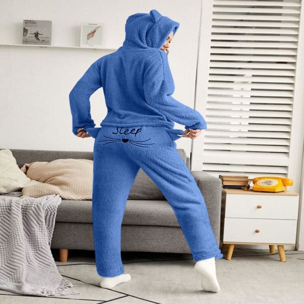 Yöpaidat Yksivärinen Lämmin Pyjamasetti Pitkähihaiset Topit+ Housut Kaksiosainen Söpö Kissan Kuva Hupullinen Nukkumapyjama Huppari Blue L