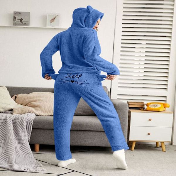 Yöpaidat Yksivärinen Lämmin Pyjamasetti Pitkähihaiset Topit+ Housut Kaksiosainen Söpö Kissan Kuva Hupullinen Nukkumapyjama Huppari Blue M