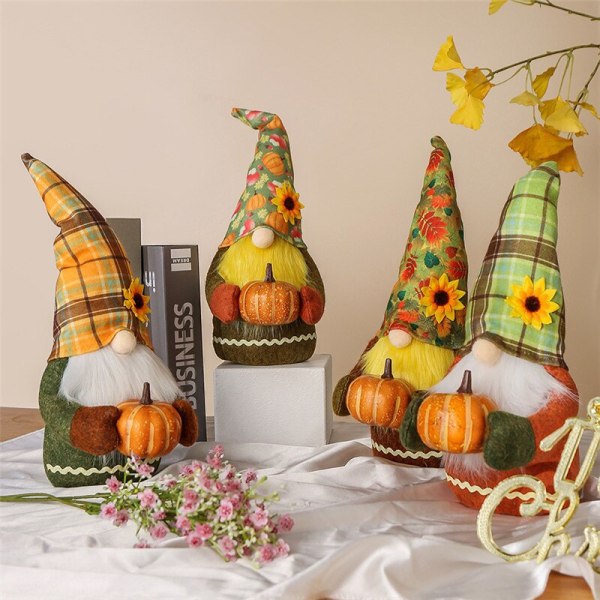 Kurpitsa-asusteet Kääpiöpehmolelu Söpö Halloween Kasvoton Kääpiötonttu Koriste Puutarhahuoneen Sisustus Kodin Tarvikkeet Yellow plaid hat