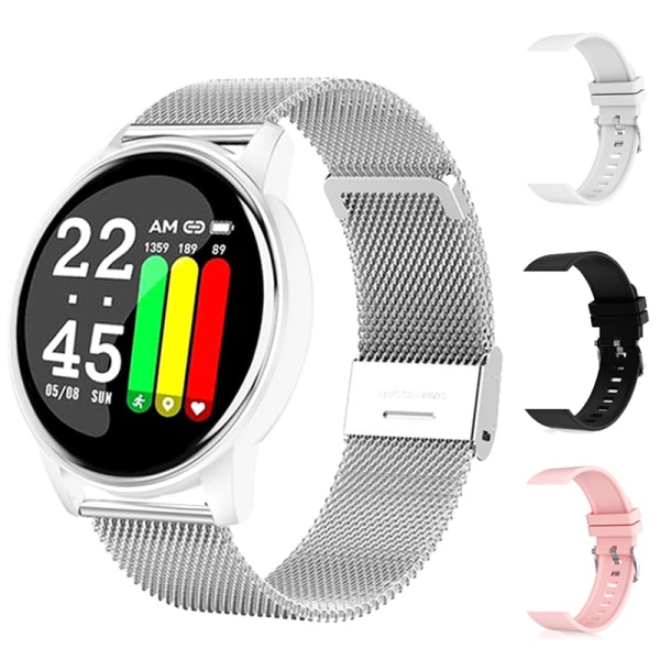 Watch Kvinnor Män Blodtryck Puls Fitness Tracker Watch Sport Rund Smartwatch Smartklocka för Android IOS Steel Add 3 Strap3