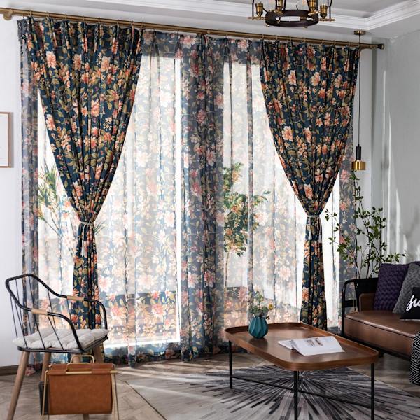 Amerikanske rustikke gardiner, halvskygge for soverom, arbeidsrom, stue, blomsterplante vindusgardin grov bomull Tulle W400xL260cm 1pc