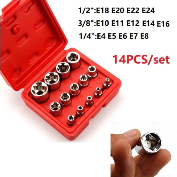 14st E Torx Star honbitssocket set Handverktygssats 1/2'' 3/8'' 1/4'' Drive E4-E24 Reparationsverktyg Default Title