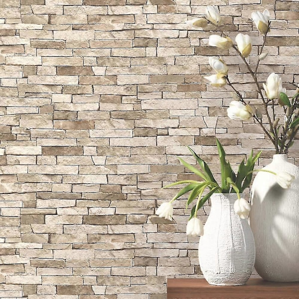 3D Effekt Murstein Tapet Beige Naturstein Skifer Rustikk Værbitt Tekstur P+S