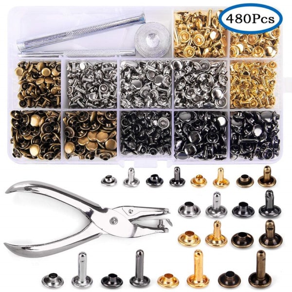 480 stk. Metal Dobbelt Hætte Nitter Studs Runde Nitter til DIY Læder Håndværk Taske Bælte Tøj Beklædning Sko Kæledyr Halsbånd Fikseringsværktøj 480pcs With Pliers