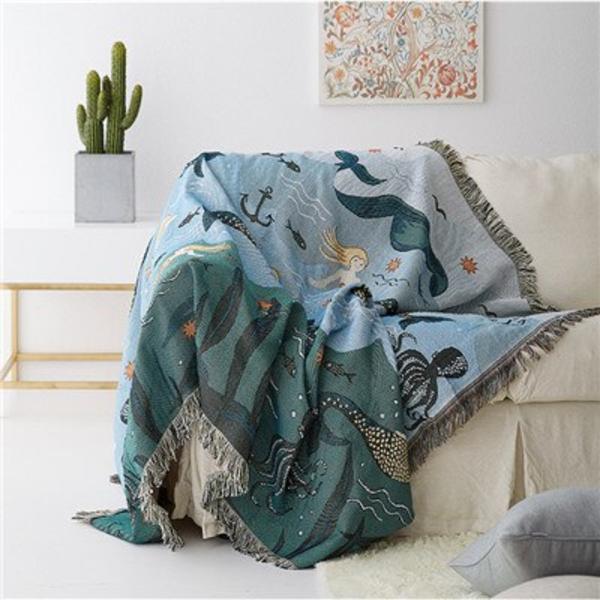 Textile City Filt i nordisk stil, sjöjungfrumönster, för säng, vardagsrum, gobeläng, matta, sofffilt, överkast Mermaid 90x150cm