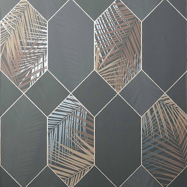Miami Geometrisk Tapet med Lövmotiv Fine Decor Kolgrå/Koppar Charcoal/Copper