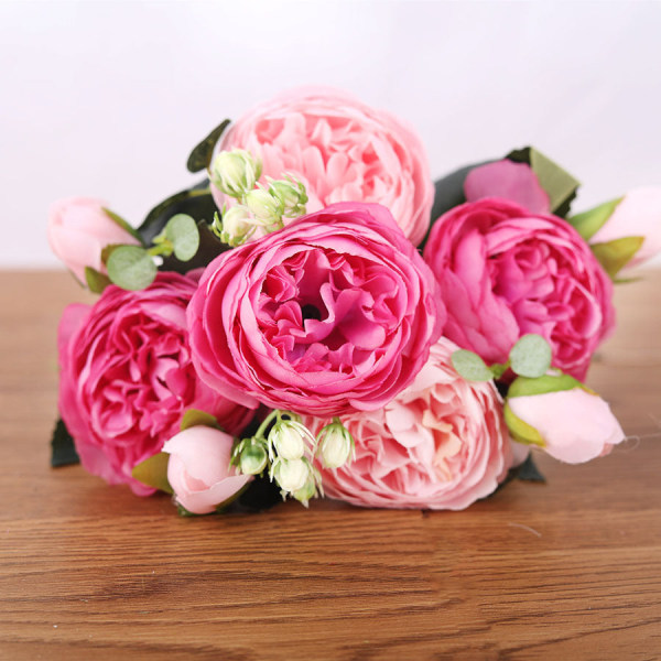 30cm Rosarosa Silkebukett Pion Konstgjorda Blommor 5 Stora Huvuden 4 Små Knoppar Brud Bröllop Heminredning Falska Blommor Faux new pink