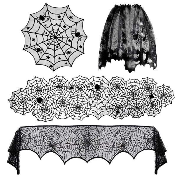 Halloween bordsduk Spider Web Öppen spis Handduk engångs svart spindelnät lampskärm Dekorativ bordslöpare Set B table runner 45x183cm Black